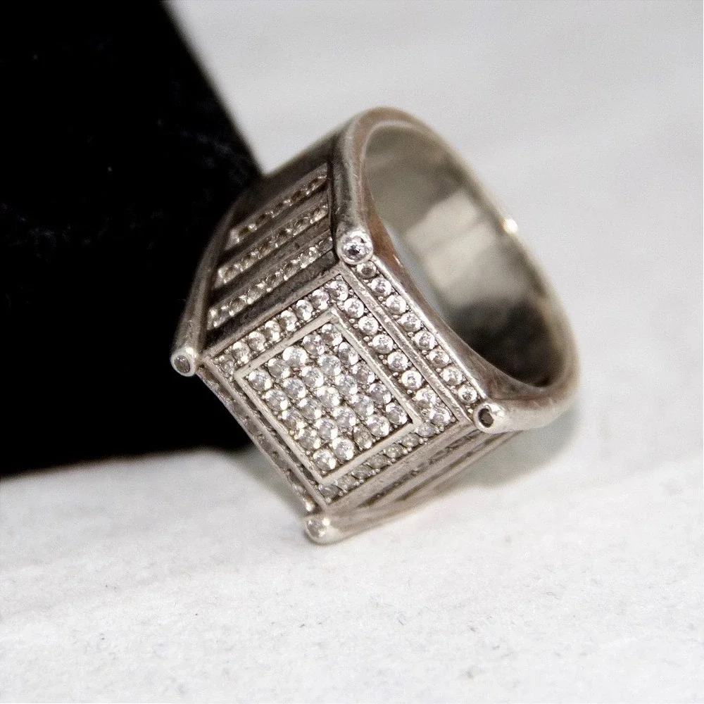 VTG HEAVY Sterling Silver 925 Iced Out Square Signet Ring Mens Size 8.5 CZ Band